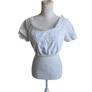 L'Academie S White Eyelet Cotton Crop Top Milk Maid Puff‎ Sleeve Square Neckline